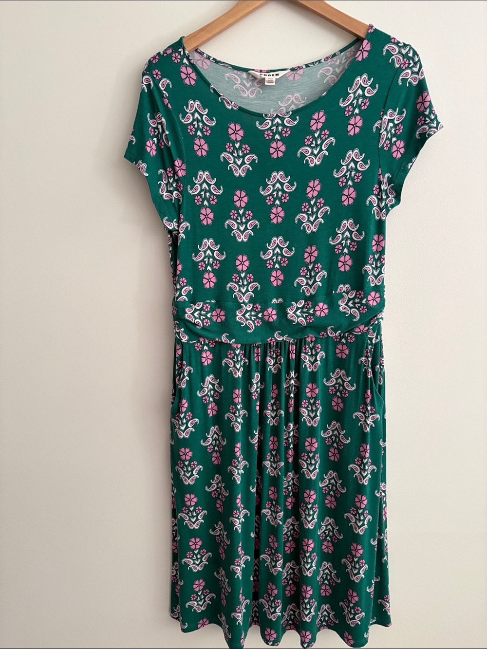 Boden Amelie Jersey Dress in Green Pink Floral Pockets Travel Church Size 12